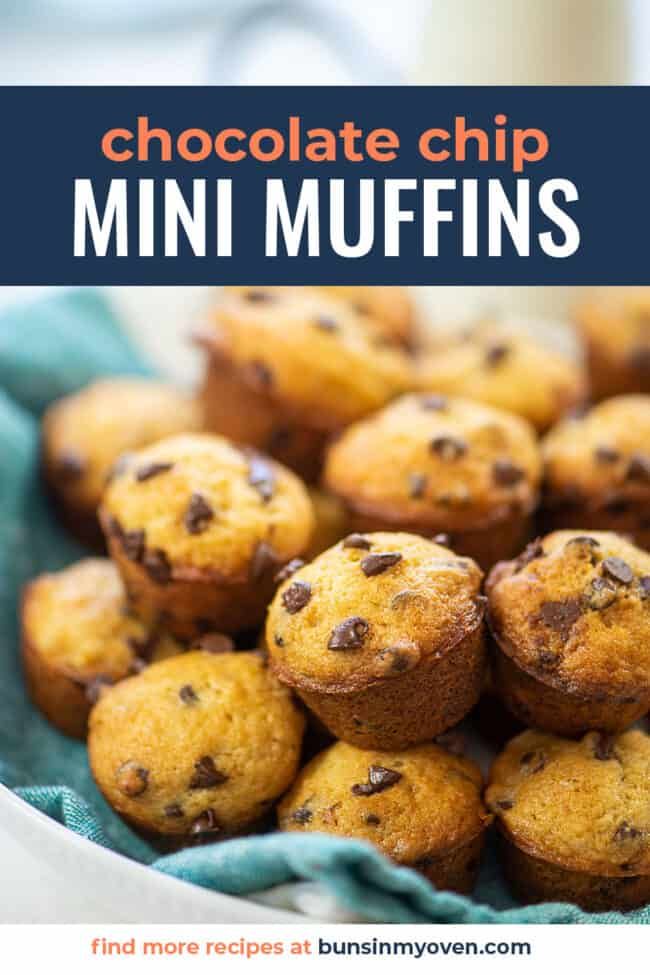 chocolate chip mini muffins in a white bowl on a blue cloth with text overlay