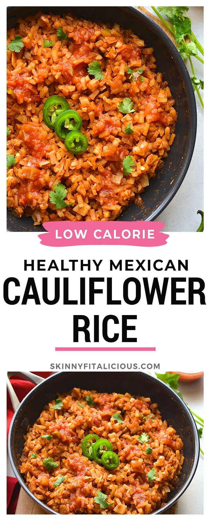 two pictures showing how to make healthy mexican cauliflower rice in a skillet