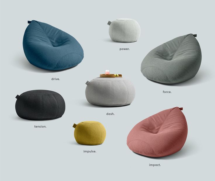 various bean bag chairs with different colors and sizes