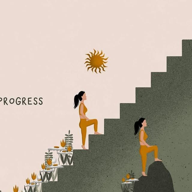 two women sitting on top of stairs with sun above them and the words progress written below