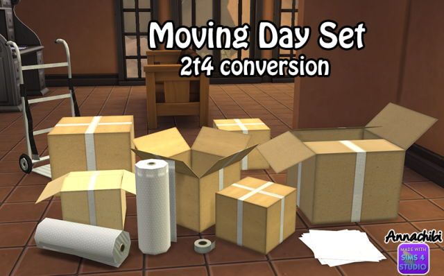 moving day set with cardboard boxes and toilet paper