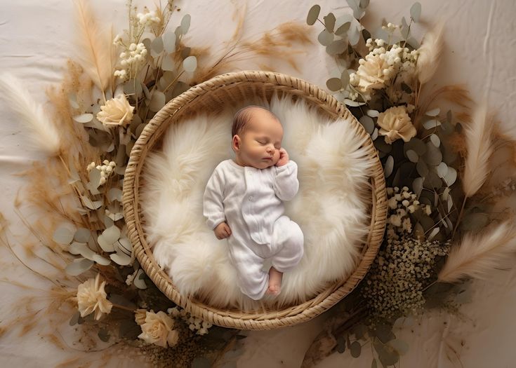 a newborn baby in a basket surrounded by feathers and dried flowers on a white table cloth