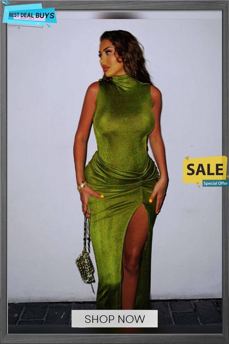 Ins Style New Solid Color Sleeveless Split Skirt Sexy Dress Glamorous Green Sleeveless Bodycon Dress, Sleeveless Green Bodycon Evening Dress, Green Sleeveless Non-stretch Maxi Dress, Sleeveless Stretch Club Dress, Sleeveless Stretch Maxi Dress For Club, Chic Sleeveless Maxi Dress For Club, Non-stretch Sleeveless Bodycon Dress For Night Out, Trendy Sleeveless Green Maxi Dress, Trendy Green Sleeveless Maxi Dress