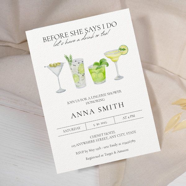 a white card with three cocktails on it and the words before she says i do