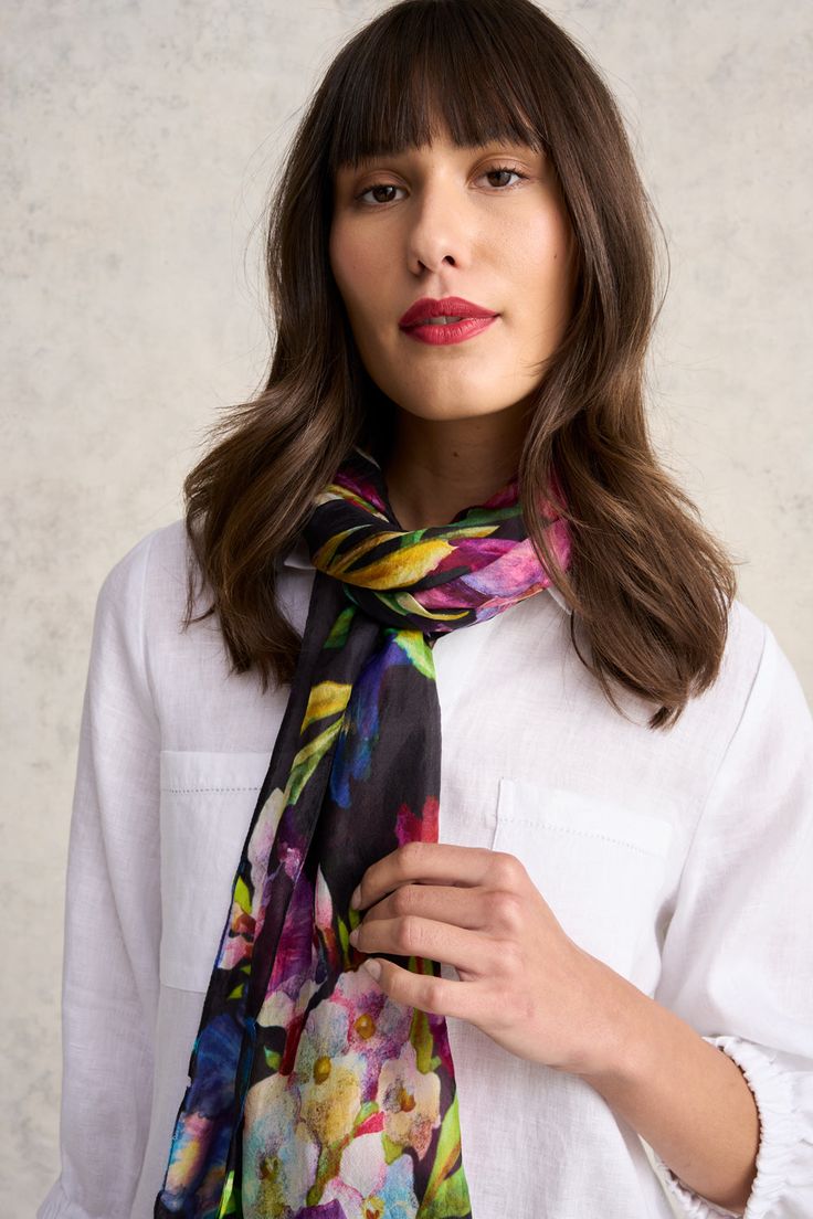 Our lightweight Noir Bloom Scarf is an homage to bright blooms. Crafted from 100% silk, this delicate and vibrant scarf features a black base with a multicoloured floral design. Style it with black for a fun pop of colour. Black Silk Scarf With Floral Print, Black Silk Scarves With Floral Print, Black Silk Scarf For Summer, Black Floral Print Scarf, Black Silk Scarf For Spring, Spring Multicolor Silk Scarf, Design Style, Body Measurements, A Black