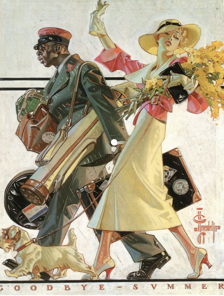 a painting of a man and woman on a motorbike with flowers in their hand