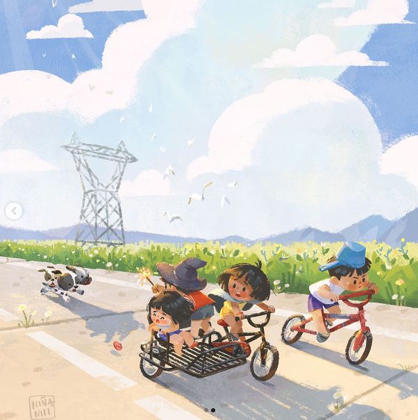 three children are riding bikes down the road with an electric tower in the back ground