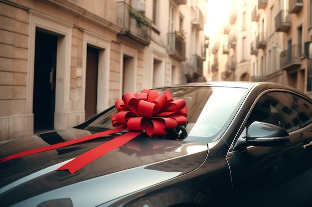 a black car with a red bow on the hood