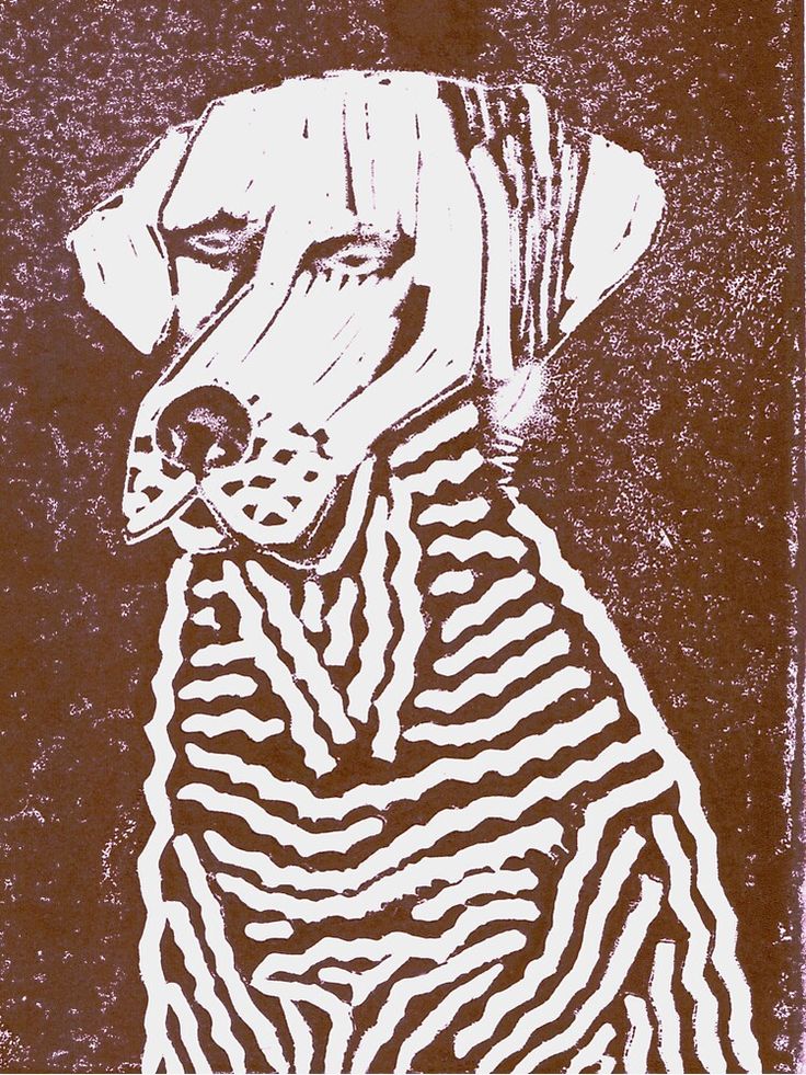 a drawing of a dog wearing a zebra print shirt and sitting in front of a black background