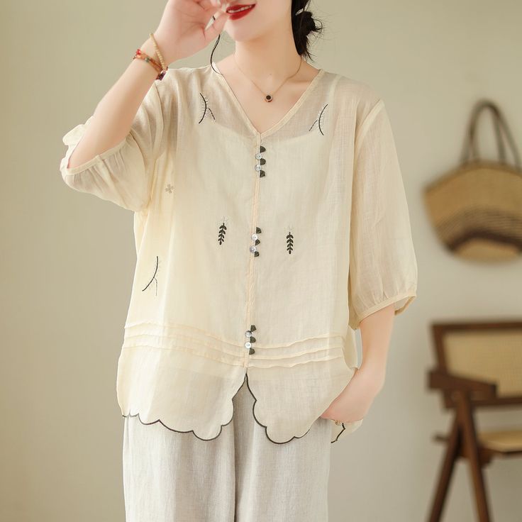 Details: Gender: Women Item Type: Blouse Material: Linen Pattern Type: Embroidery Season: Summer Style: Leisure, Daily, Retro Occasion: Going Out, Daily Size: One Size Length: 63.00 - 66.00 cm/ 24.80 - 25.98 " Bust: 120.00 cm/ 47.24 " Minimalist Embroidery, Embroidery T Shirt, Women Summer Casual, Modern Packaging, Linen Pattern, Half Sleeve Tops, Embroidery Top, Blouse Material, Linen Clothes