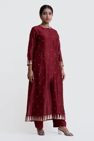 Shop for Brij Maroon Chanderi Silk A-line Kurta And Pant Set for Women Online at Aza Fashions Silk Pant, A Line Kurta, Types Of Work, Silk Kurta, Luxury Sale, Shank Button, Kurta With Pants, Silk Pants, Scalloped Hem