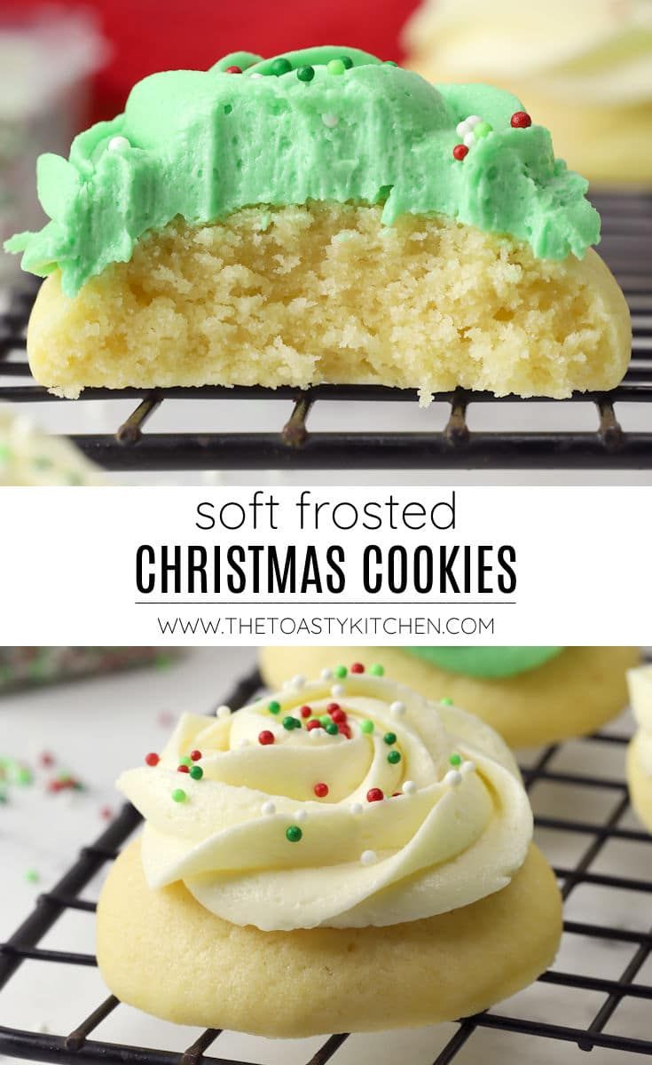 soft frosted christmas cookies with green icing and sprinkles on a cooling rack