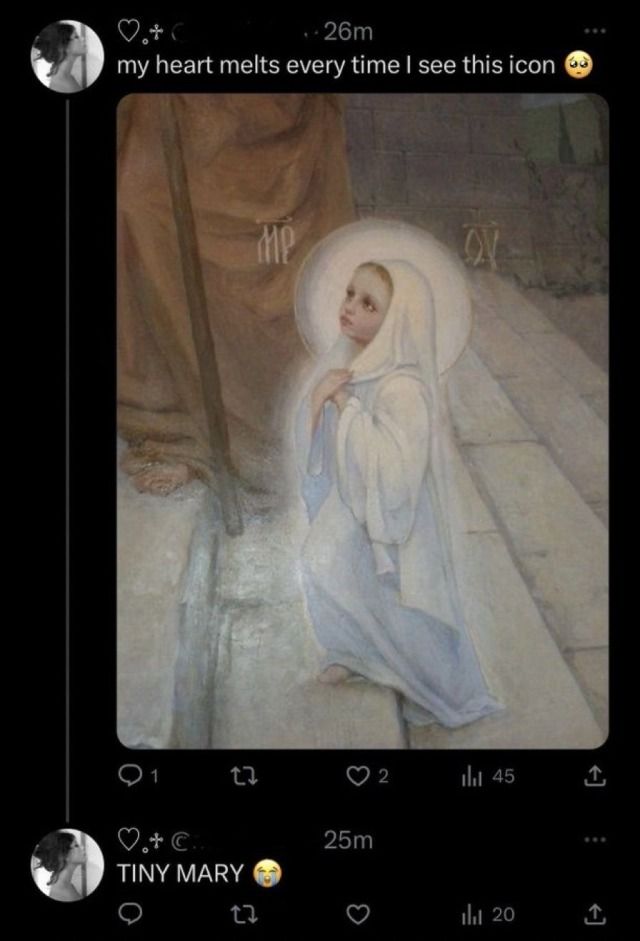 an image of the virgin mary on her cell phone with text that reads, my heart melts every time i see this icon