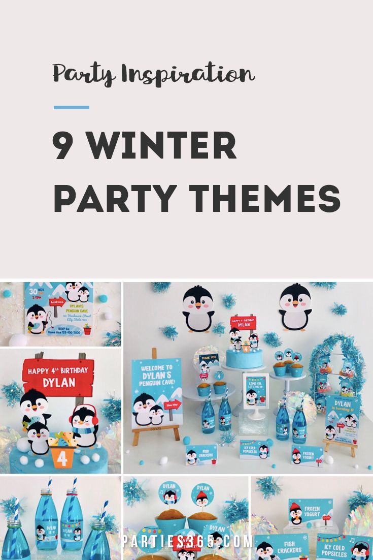 a penguin themed party with penguins and snowflakes on the table, including blue decorations