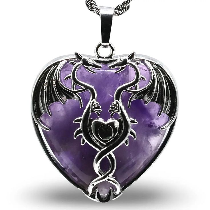 Necklace - Mystic Dragon Heart - Amethyst Mystic Dragon, Gothic Jewellery, Dragon Heart, Butterfly Fashion, Spiritual Stuff, The Mystic, Stainless Steal, Amethyst Necklace, Gothic Jewelry