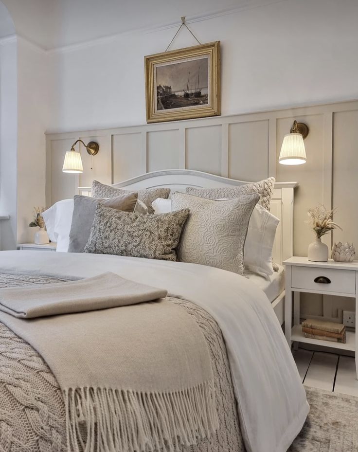 a bed with white linens and pillows in a bedroom