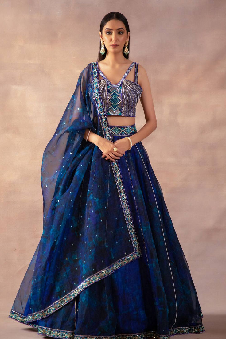 Blue Fashionable Girl's Embroidered Organza Printed Square Blunt V Digital Print Lehenga Peacock Blue Lehenga, Digital Print Lehenga, Dress From Scratch, Kali Lehenga, Sheer Dupatta, Traditional Lehenga, Print Lehenga, Lehenga Pattern, Blue Patterns