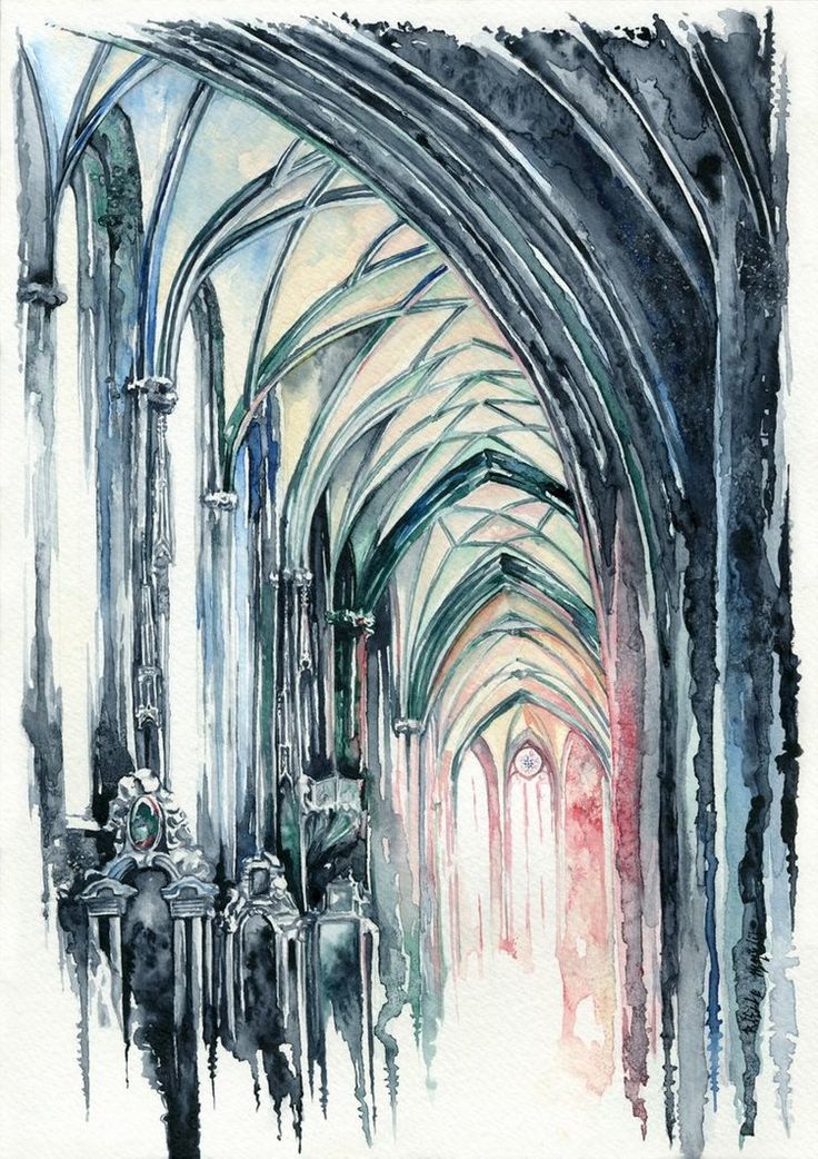 watercolor painting of an old cathedral