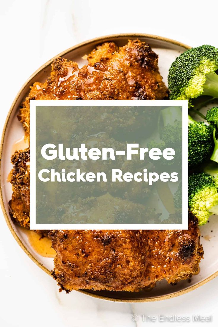 a white plate topped with chicken and broccoli next to a green sign that says gluten - free chicken recipes