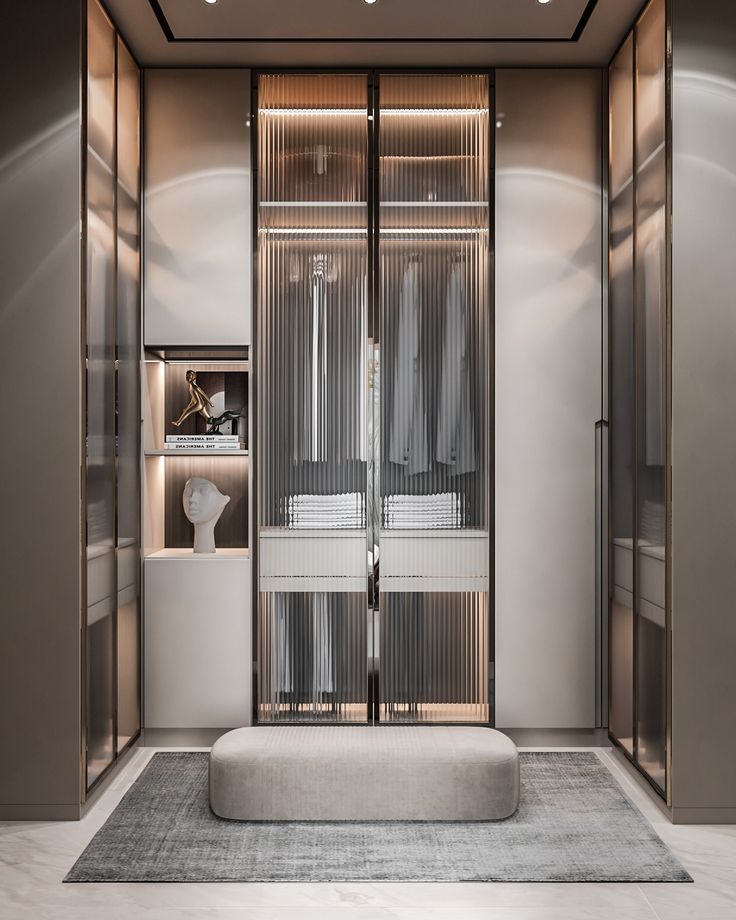 the interior of a modern closet with glass doors