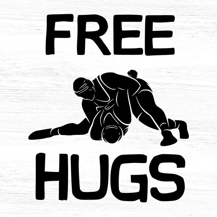 a sign that says free hugs with a silhouette of two people wrestling in the background