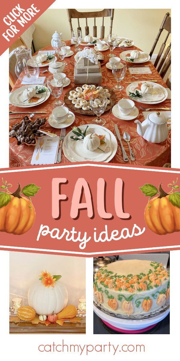 a collage of photos with pumpkins and dishes on the table for fall party ideas