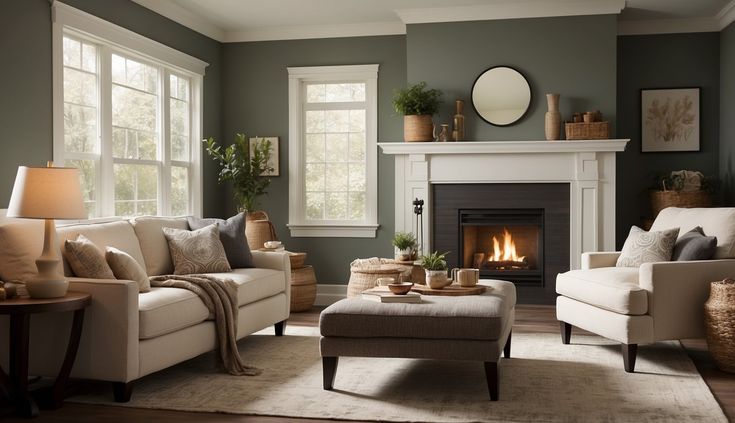 a living room filled with furniture and a fire place in the middle of the room