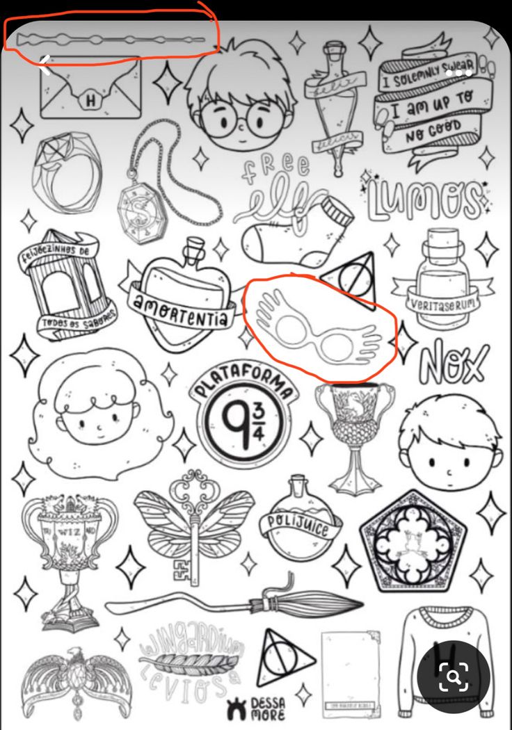 a black and white drawing of various items for the harry potters coloring book,