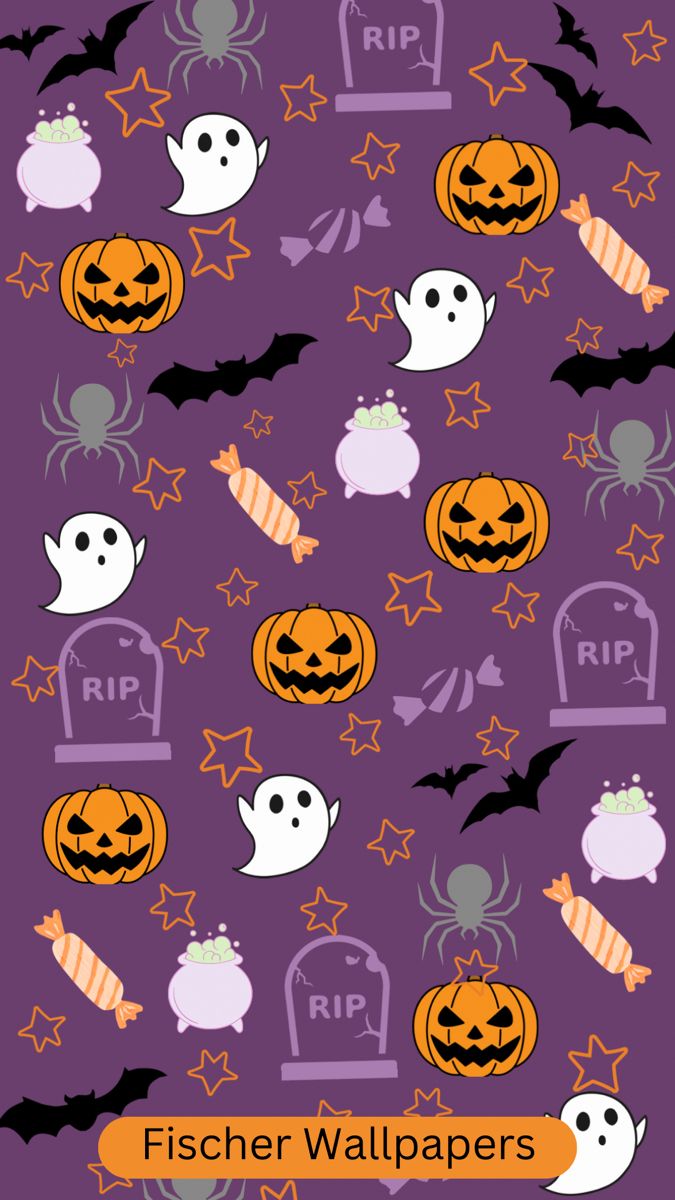 halloween seamless background with pumpkins, ghost and tombstones on the purple ground