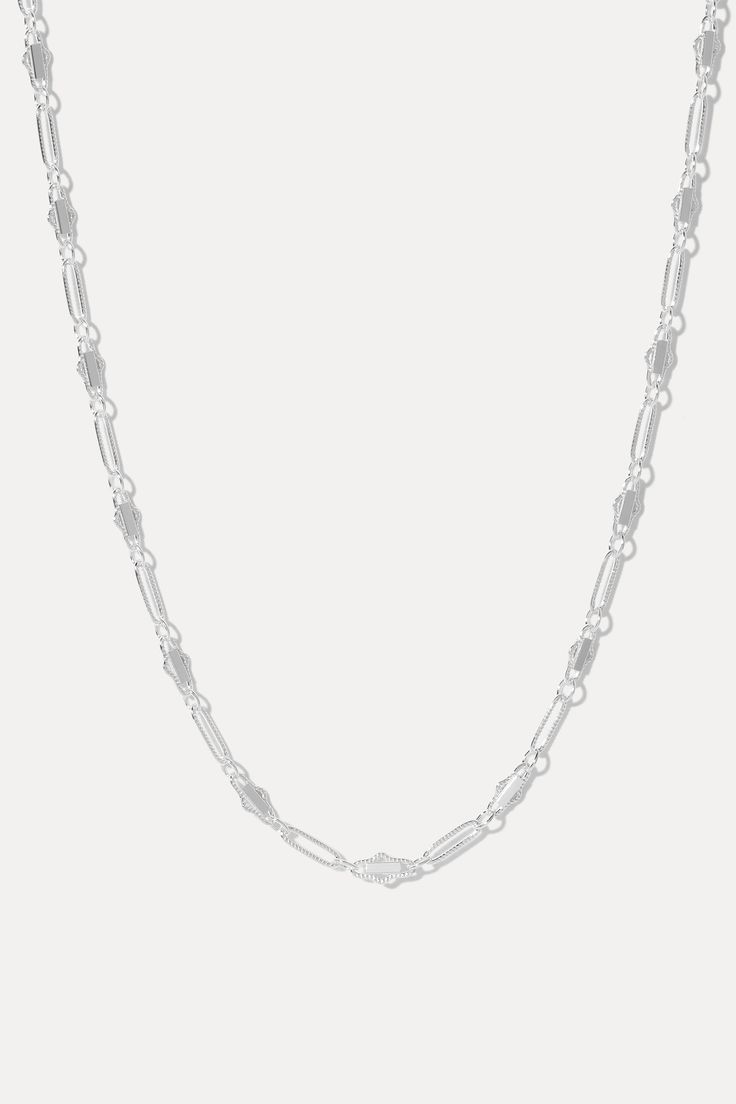 Life is too short to wear boring jewelry. With Harlow, you get the classic feel of a chain necklace, with a modern twist in design. Intricate detailing gives this piece a fresh, luxe feel for everything from cocktail parties to jeans and tees. Add your favorite charm to complete your look. Sterling silver 3mm chain width Available in 3 lengths Everyday Long Silver Chain Necklace, Chic Silver Chain Choker Necklace, Chic Silver Clavicle Chain Necklace, Chic Silver Adjustable Chain Necklace, Chic Silver Necklace With Chain, Chic Silver Chain Necklace With Adjustable Chain, Sterling Silver Necklace With Chunky Chain, Sterling Silver Necklace With Chunky Rectangular Links, Modern Silver Chain Necklace For Party