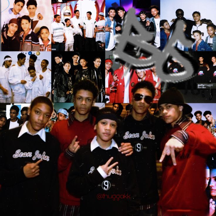 a collage of young men in black and red outfits with the same name on their shirts