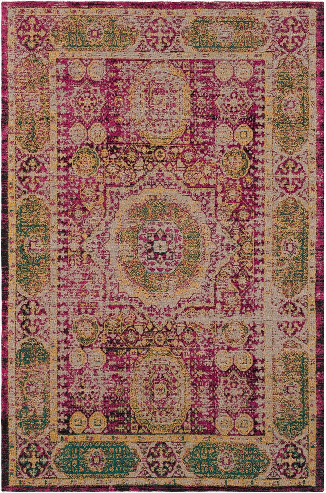 a red, green and yellow rug with an ornate design