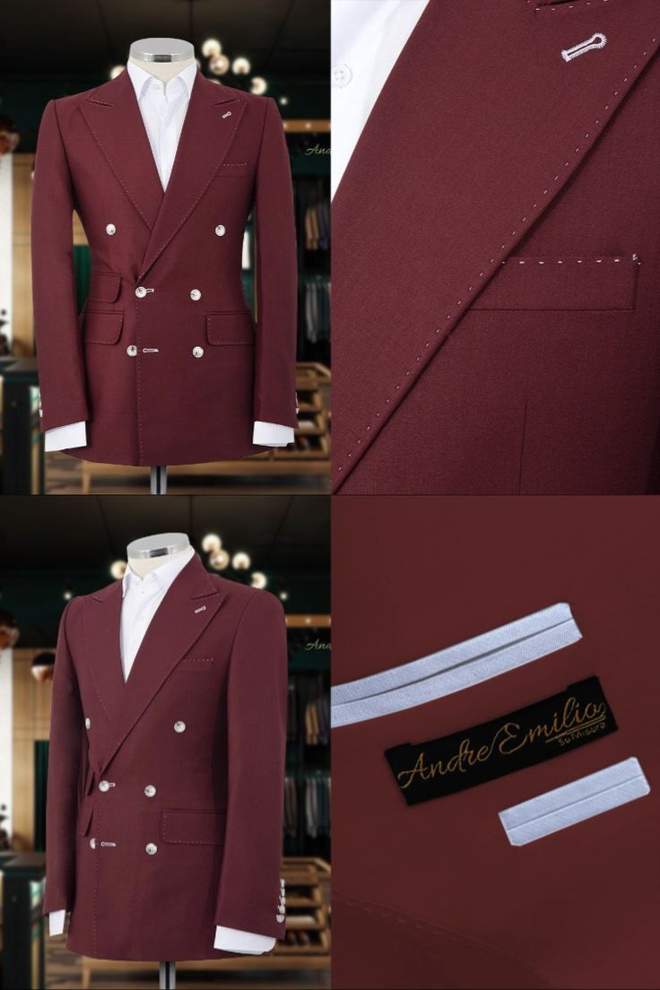 Experience sophisticated style with Andre Emilio’s Burgundy Double Breasted Suit, featuring meticulous pick stitch detailing and elegant white buttons. Shop now for free shipping on all orders. Transform your wardrobe and make a lasting impression. Fitted Double-breasted Suit With Suit Collar, Fitted Double-breasted Suits For Semi-formal Occasions, Fitted Double-breasted Suits For Semi-formal Events, Elegant Three-piece Suit With Lapel Collar And Buttons, Semi-formal Slim Fit Tuxedo With Buttons, Designer Workwear Sets With Notch Lapel, Designer Sets With Notch Lapel For Work, Designer Notch Lapel Sets For Work, Slim Fit Sets With Notch Lapel And Buttons