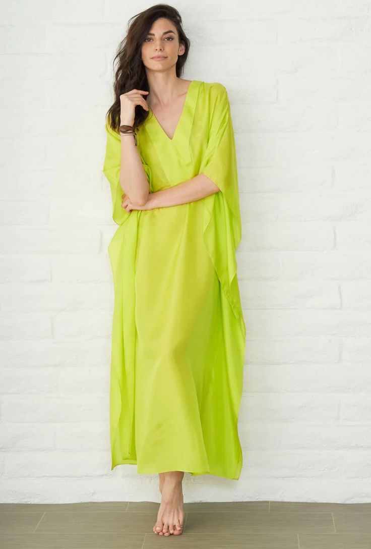 Eco Friendly Chartreuse Silk V-Neck Long Caftan | ocean+main Green V-neck Cover-up For Beach Season, Green V-neck Tunic For Beach, Green Long Sleeve Beach Dress As Cover-up, Green Long Sleeve Beach Dress For Cover-up, Green V-neck Kaftan For Beachwear, Bohemian Green V-neck Tunic, Green V-neck Kaftan For Vacation, Yellow V-neck Beach Dress Cover-up, Green V-neck Cover-up For Beach Party