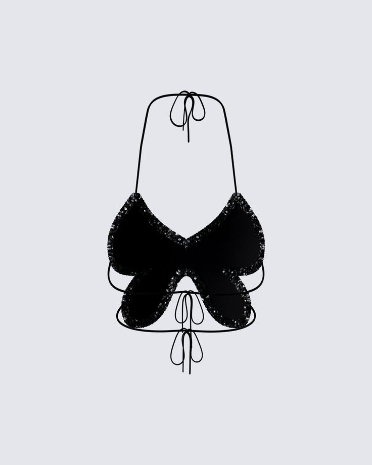 Pretty to see, hard to catch 🦋 This black butterfly top, made from sequin fabric and complete with a halter top style and tie back, will have them seeing stars in your eyes & your top 🤩 Evening Halter Neck Crop Top With Tie Back, Glamorous Triangle Halter Top For Parties, Summer Evening Halter Crop Top, Black Halter Neck Crop Top For Evening, Summer Evening Crop Top Halter Top, Sequin Halter Top For Summer Party, Summer Party Crop Top With Tie Back, Summer Party Sequined Halter Top, Black Backless Halter Top For Party