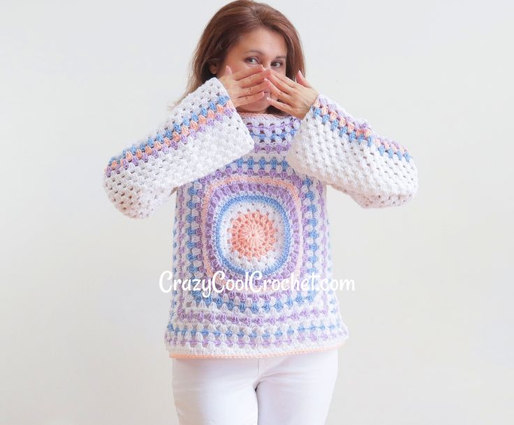 Crochet Granny Square Top - Crazy Cool Crochet Ruffle Apron Pattern, Cross Granny Square, Crochet Peony, Crochet Granny Square Sweater, Crochet Granny Square Top, Crochet Blanket Free Pattern, Bunting Crochet, Crocheted Sweaters, Crochet Blanket Free