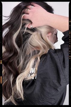 Blonde Hair Bottom Half, Blonde Layer Under Brown Hair, Hair Blonde Top Dark Underneath, Blond Peak A Boo Highlights, Coloring Under The Hair, Half Blonde Underneath Half Brown, Blonde Underlights Hair Brunettes, Dark Brown Hair With Blond Under, Dark Brown Hair With Blonde Highlights Underneath