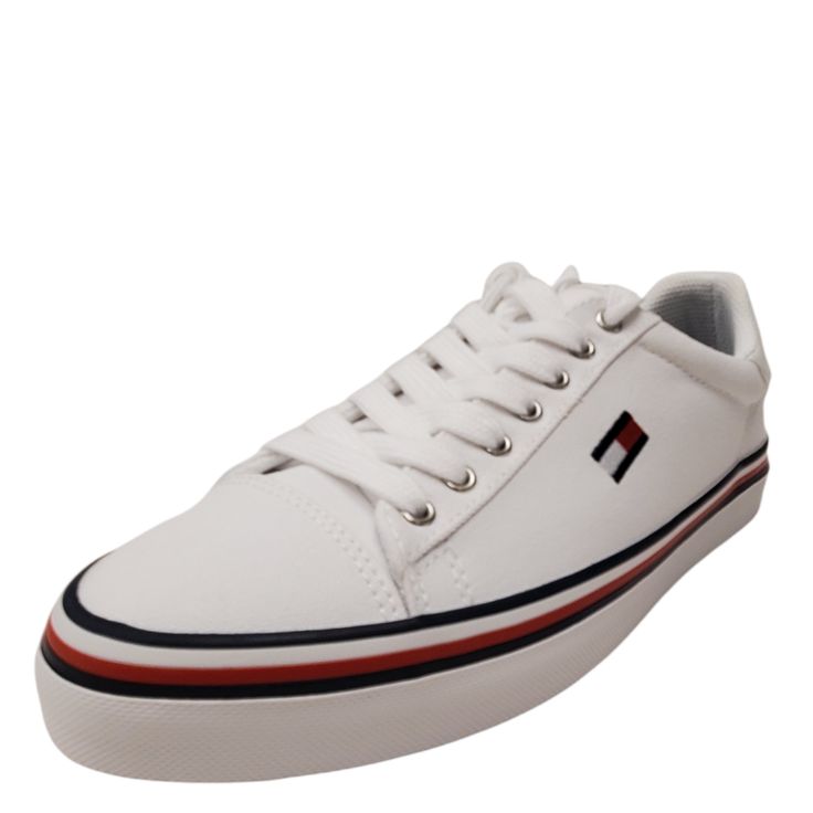 The sporty design of the Tommy Hilfiger® Fressian sneaker will make your outfit pop. Textile upper features signature brand logo detailPadded collar for added comfortLace-up closureSignature brand colors accent the midsolerubber sole; Imported Casual Lace-up Sneakers With Logo, Casual High-top Sneakers With Embossed Logo For Streetwear, Sporty Tommy Hilfiger Sneakers With Embossed Logo, Tommy Hilfiger Sporty Sneakers With Embossed Logo, Tommy Hilfiger Lace-up Sneakers For Spring, Tommy Hilfiger Lace-up Sneakers, Casual White High-top Sneakers With Embossed Logo, Tommy Hilfiger Casual Sneakers For Sports, Tommy Hilfiger Sneakers For Spring