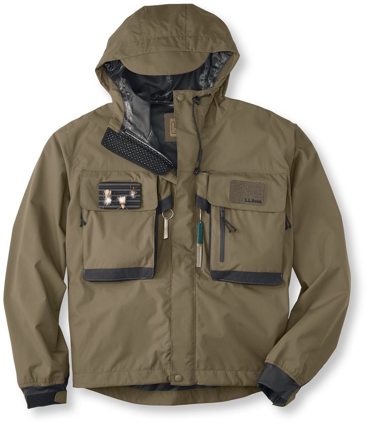 Our popular men's wading jacket performs as well, if not better, than jackets twice the price. Traditional Fit. 100% waterproof nylon. 60% polyester and 40% polyurethane gussetted cuffs. Zip fleece-lined handwarmer pockets. Machine wash cold, tumble dry low or line dry in the shade. Lightweight, windproof and breathable. Low-profile closures minimize line catching. Comfortable stretch for casting and netting. Elastic insert in shoulders. Ripple-foam fly patch can be worn on either side. Hood adj Functional Waterproof Windbreaker For Hunting, Waterproof Long Sleeve Sport Coat, Fall Functional Gore-tex Windbreaker, Functional Windproof Windbreaker For Hunting, Functional Nylon Sport Coat For Outdoor Activities, Functional Fall Windbreaker For Hunting, Functional Fall Hunting Windbreaker, Functional Khaki Raincoat With Pockets, Functional Fishing Outerwear With Pockets