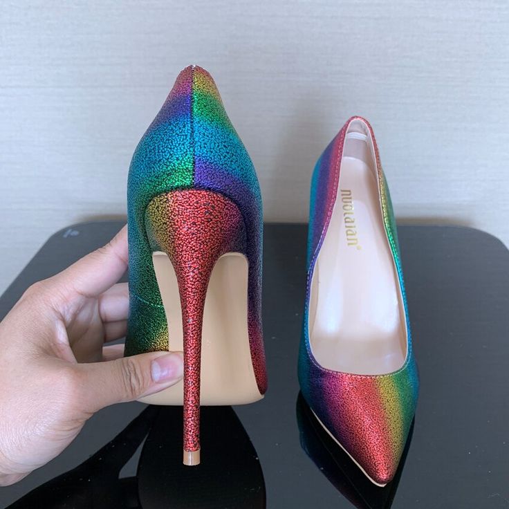 A Lot of Shimmer ... A Lot of Style ... Rainbow Ready ... The perfect heel for your perfect outfit. Featuring a pointed toe and an approximate 4" heel. Party High Heels, Rainbow Shoes, Perfect Heels, Patent Leather Heels, Shoes Woman, Heels Shoes, Platform Pumps, Ladies Party, The Rainbow