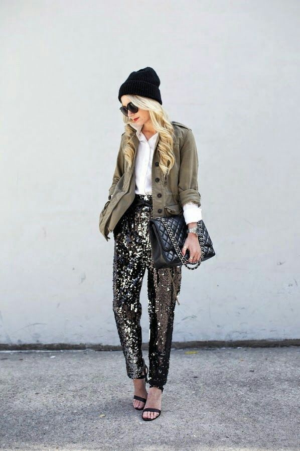 Glitter Pants, Sequin Pants, Sequin Outfit, Mode Casual, Inspired Outfits, Fashion Woman, Black Sequins, Look Fashion, Jacket Outfits