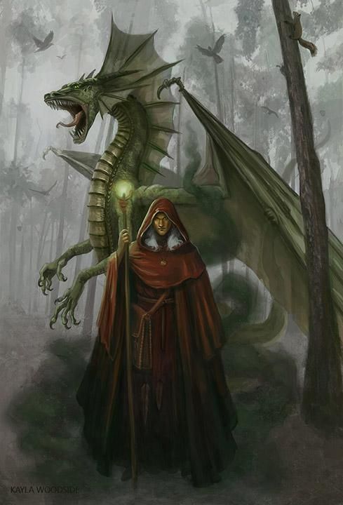 a painting of a woman and a dragon in the woods with text that reads kayla woodside 2014