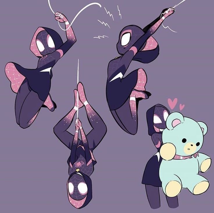 three cartoon characters are hanging from strings with hearts on their chests and hands, one is holding a teddy bear