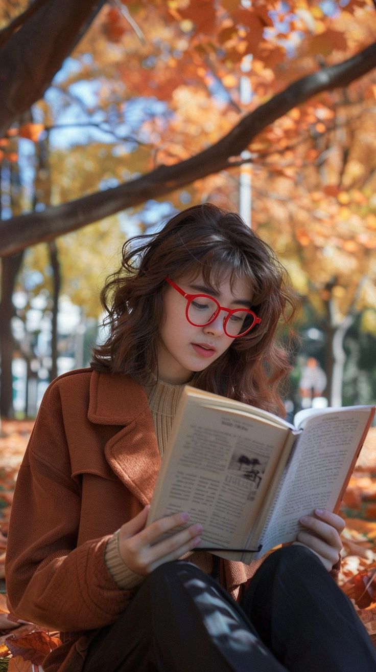 a woman sitting on the ground reading a book in an autumn park with leaves all around her