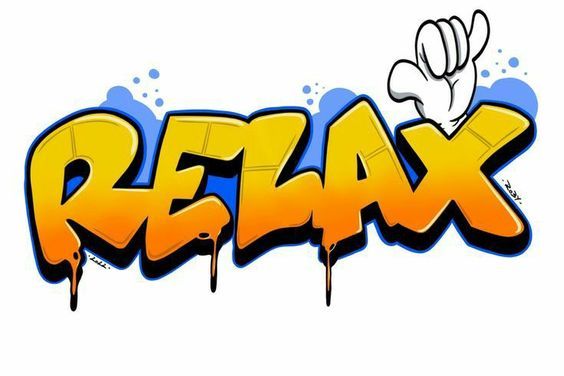 the word relax is painted in yellow and blue with an image of a hand giving the peace sign