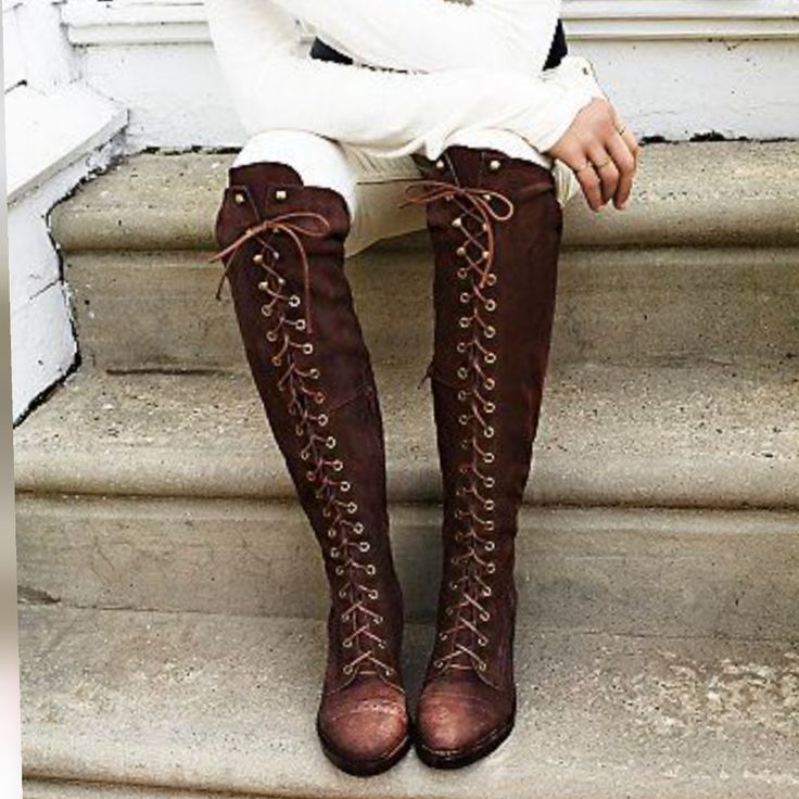 Price Firm No Holds True To Size Color: Brown Knee High Faux Suede Self Tie Lace Up Boots Zipper Closure Runs Half Size Small 20" Rise 3 1/2" Block Heel Mode Shoes, Short Zipper, 2017 Fashion Trends, Knee Boot, Wooden Heel, Winter Shoes, Jeffrey Campbell, Brown Boots, Over The Knee Boots