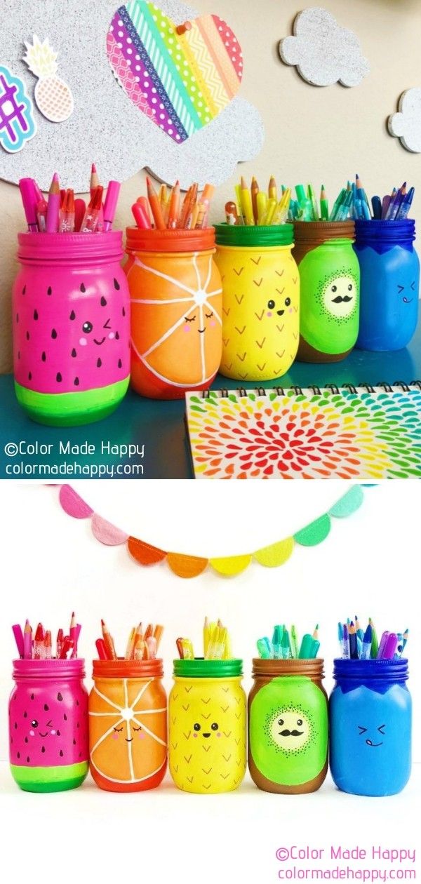 colorful mason jars filled with pencils and markers