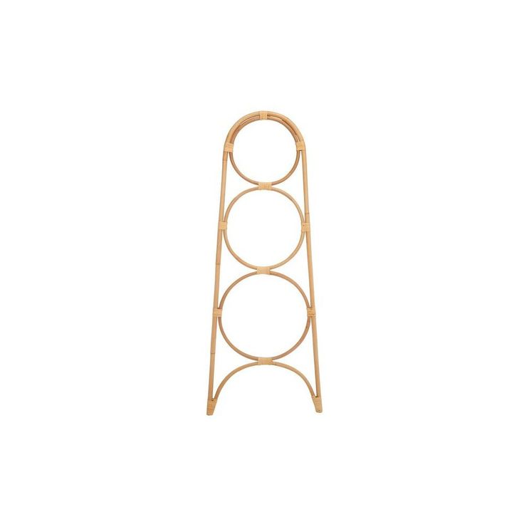 a bamboo shelf with three circles on the top and one circle at the bottom, against a white background