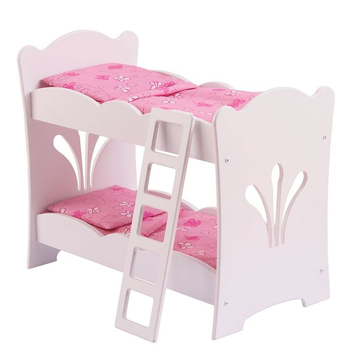 a white wooden bunk bed with pink bedspread