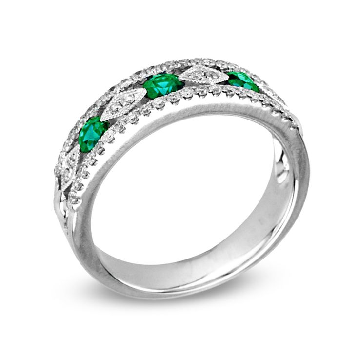 Emerald and 1/3 CT. T.W. Diamond Alternating Anniversary Band in 14K White Gold | Anniversary Rings | Wedding | Zales Fine Jewelry Green Emerald Ring With Single Cut Diamonds, Classic Green Emerald Ring With Single Cut Diamonds, Green Diamond Ring With Diamond Accents, Green Diamond Half Eternity Round Cut Ring, Green Emerald Diamond Ring With Pave Setting, Fine Jewelry Green Emerald Half Eternity Ring, Green Emerald Ring With Half Eternity Style, Green Emerald Half Eternity Ring Fine Jewelry, Green Emerald Ring With Diamond Accents